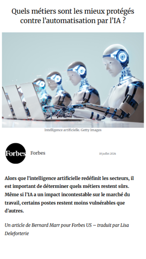 forbes - quels métiers sont les mieux protégés contre l'automatisation par l'IA