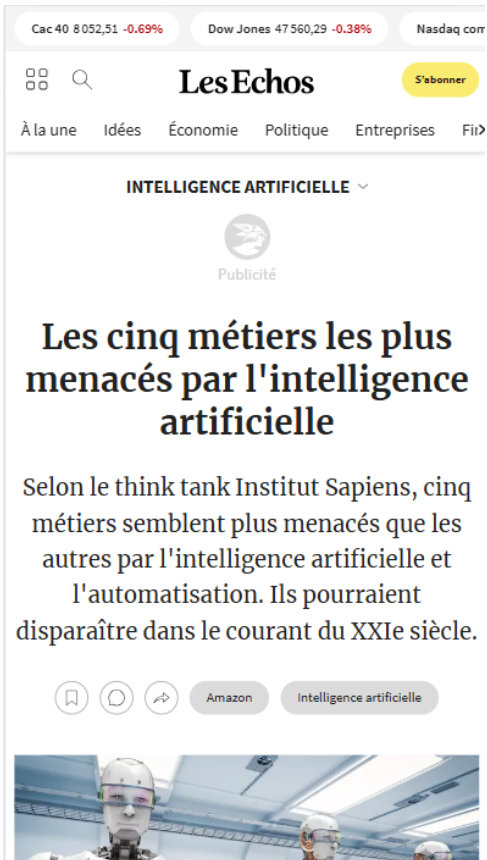 Les échos - Les cinq métiers les plus menacés par l'intelligence artificielle